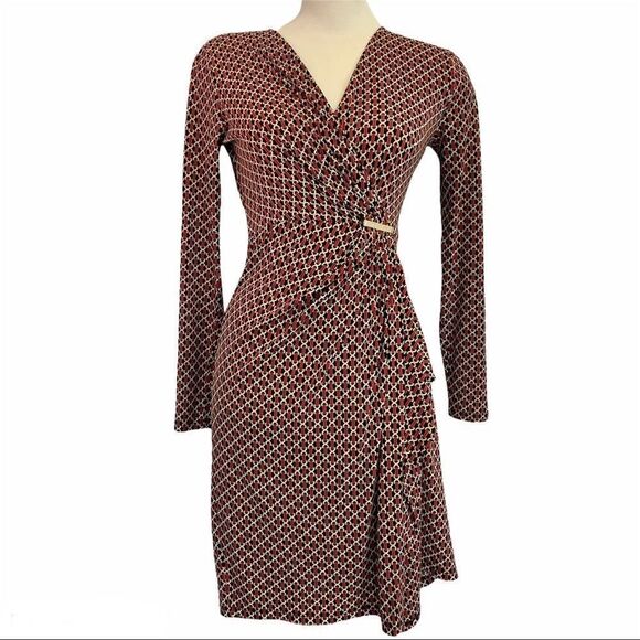 Michael Michael Kors red chain link long sleeve Print Faux Wrap Dress Sz XS - Picture 3 of 16